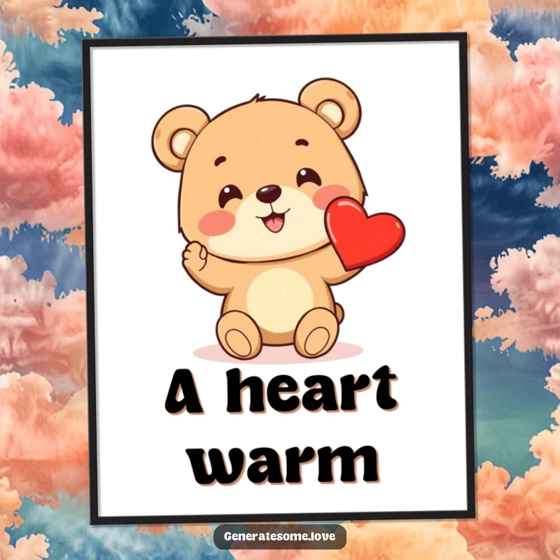 Funny poster art of a cheerful bear cub excitedly offering a bright red heart, radiating love and sweetness.