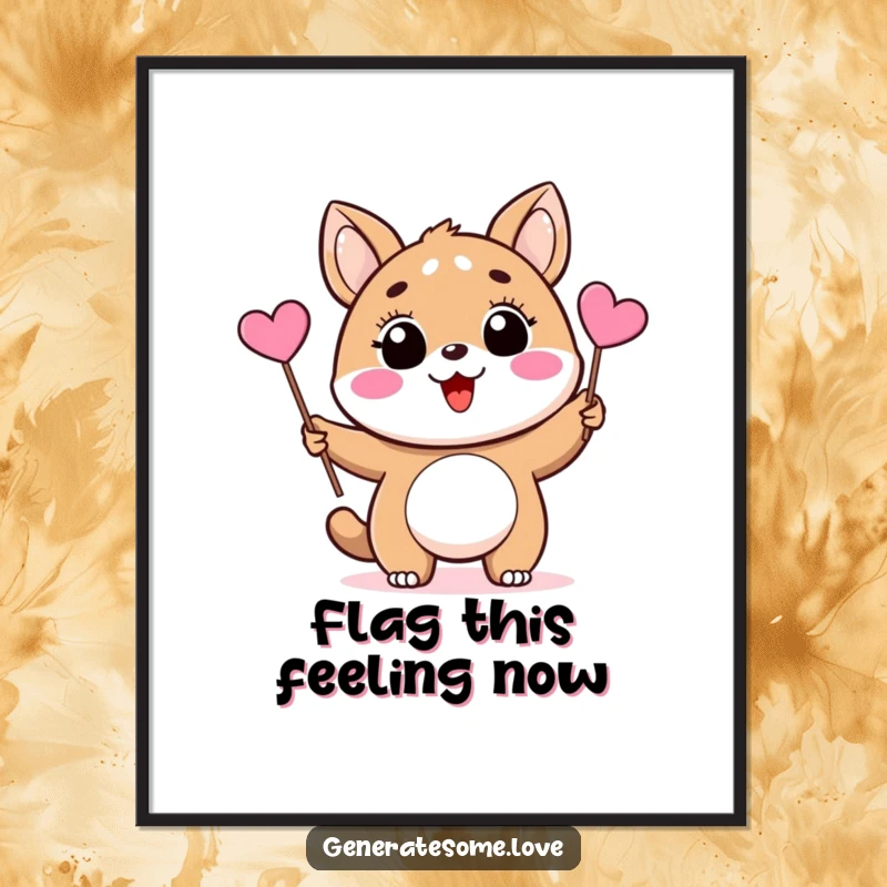 Funny poster depicting a delighted animal character holding and waving a tiny pink heart flag, symbolizing joy and affection.