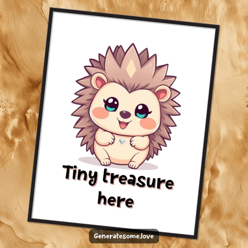 Funny happy hedgehog character offering a sparkling gem, bringing joy and charm to this delightful wall art.