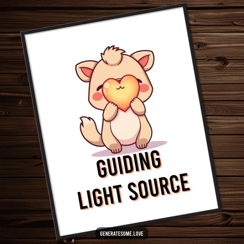 Funny poster depicting a hopeful animal character triumphantly holding a radiant, glowing heart aloft, creating an inspiring and humorous centerpiece.