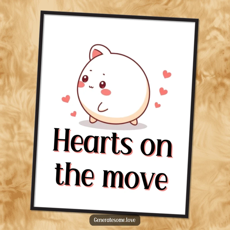Funny poster capturing a small, round animal character mid-roll, leaving a charming trail of hearts, perfect for whimsical wall decor.