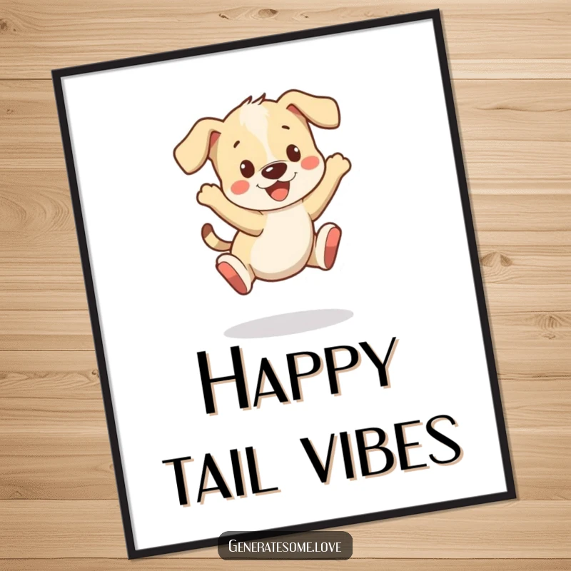 Funny poster art of a playful puppy character bouncing with boundless energy, tail wagging happily.