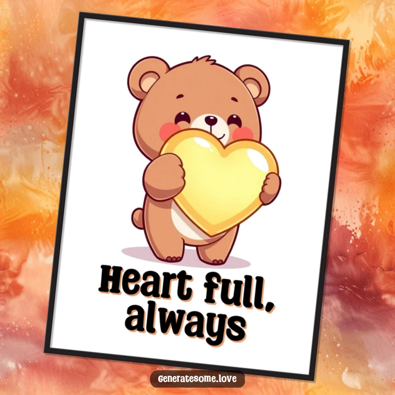 Funny kawaii bear poster showing a cute bear joyfully presenting a large, glowing heart, symbolizing love.
