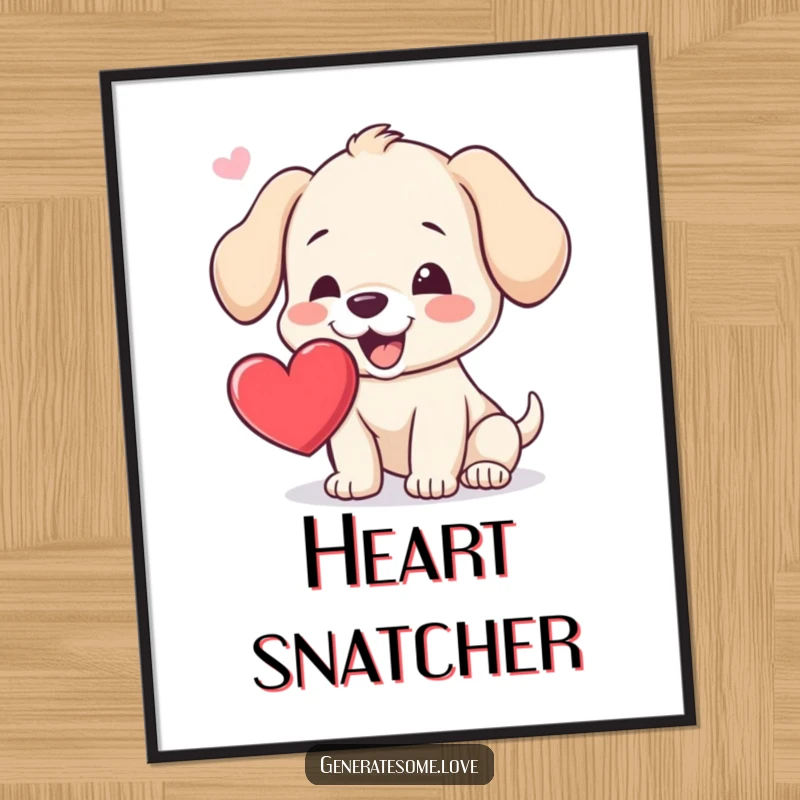 Funny poster capturing a joyous puppy leaping to catch a floating heart, ideal for whimsical wall decor and dog-themed spaces.