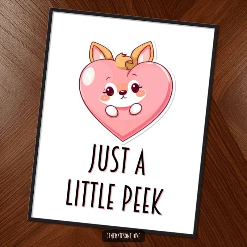 Funny poster depicting a curious animal character playfully peeking out from behind a large heart, creating a scene of charming intrigue and humor.