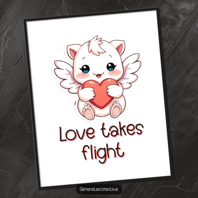 Funny Poster of a creature with soft wings gently fluttering in a circle around a heart, exuding peace and affection.