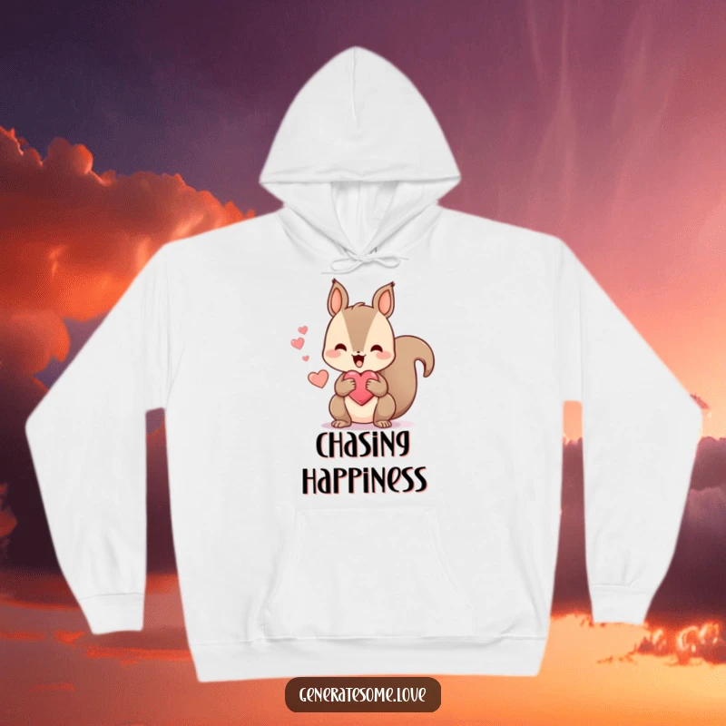 Funny hoodie with a kawaii squirrel happily chattering while holding a heart-shaped treat, providing warmth and a dose of playful, cute happiness.