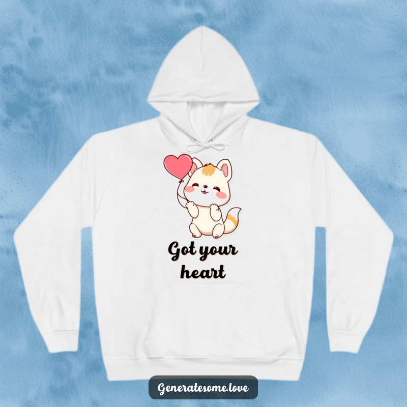 Funny playful animal character catching a floating heart with its paws, on a cozy hoodie, radiating warmth and playful charm.