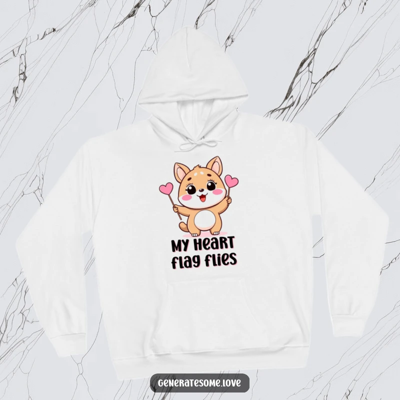 Funny hoodie featuring a cheerful animal character proudly waving a small pink heart flag, exuding happiness and warmth.