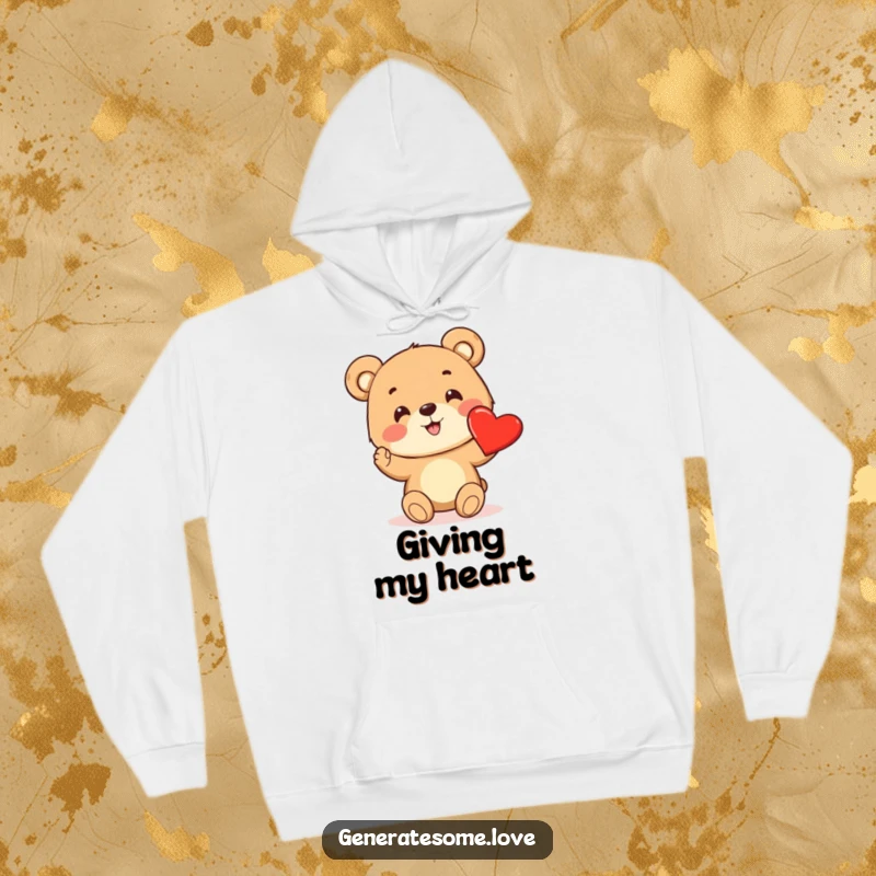 Funny hoodie featuring a cheerful bear cub offering a bright red heart, perfect for cozy, loving moments.