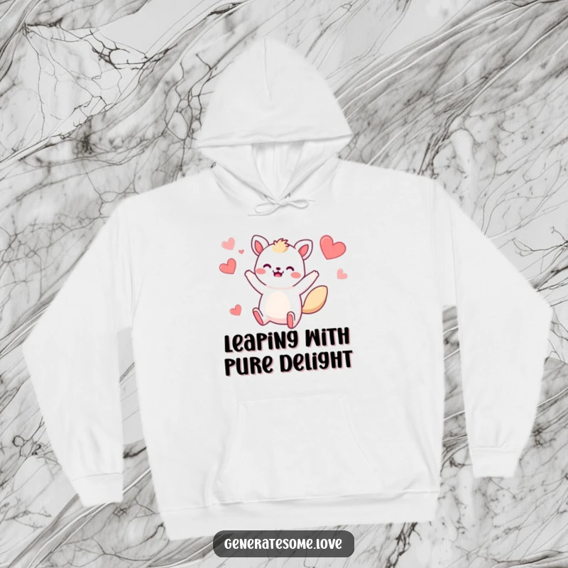 Funny hoodie depicting a whimsical animal character performing an energetic jump surrounded by playful hearts, offering warmth and humor.