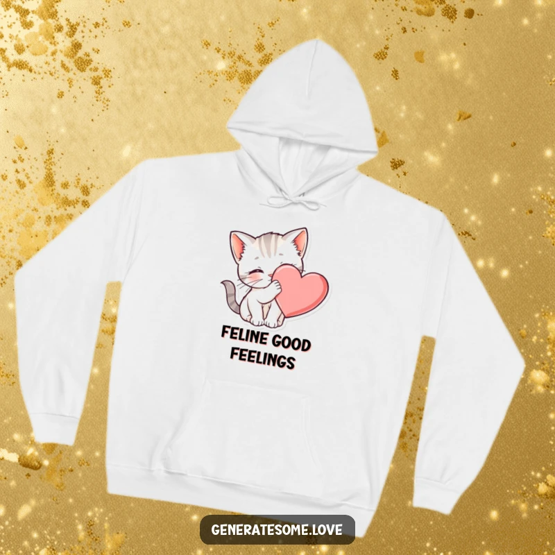 Funny kitten hoodie nuzzling a heart, perfect for cozy, loving moments, excellent gift idea.