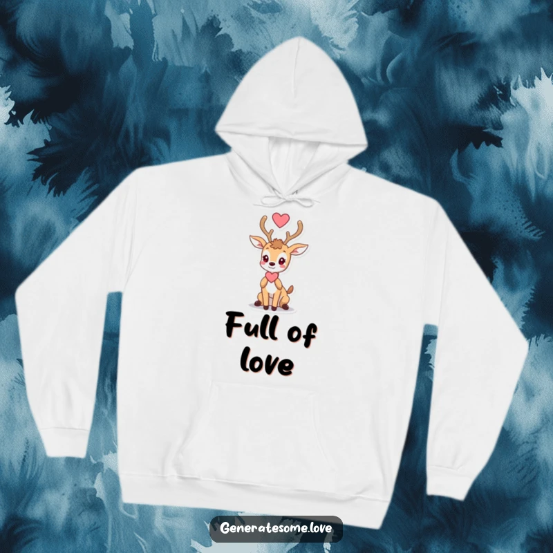 Funny, cozy hoodie featuring a gentle deer character holding a heart with its antlers, perfect for romantic gestures.
