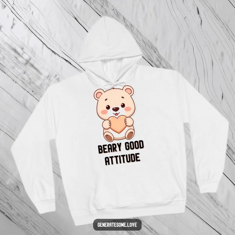 Funny cute bear hoodie with a smile, presenting a heart, perfect for cozy, loving moments, excellent gift idea.