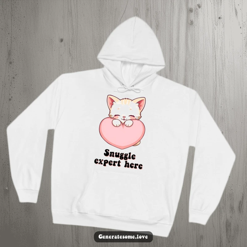 Funny happy kitten hoodie, snuggling a large soft heart cushion, warm and cuddly apparel.