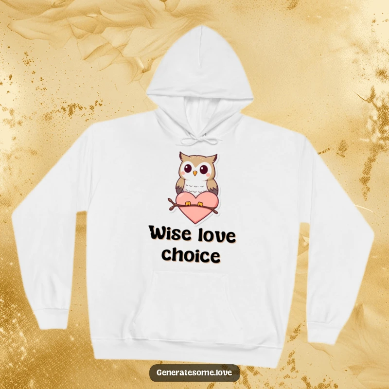 Funny hoodie features a content little owl character happily perched on a bright red heart.