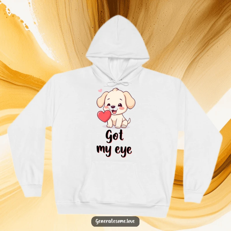 Funny hoodie illustrating an enthusiastic puppy playfully attempting to catch a heart, ideal for cozy wear and a heartwarming, humorous feel.