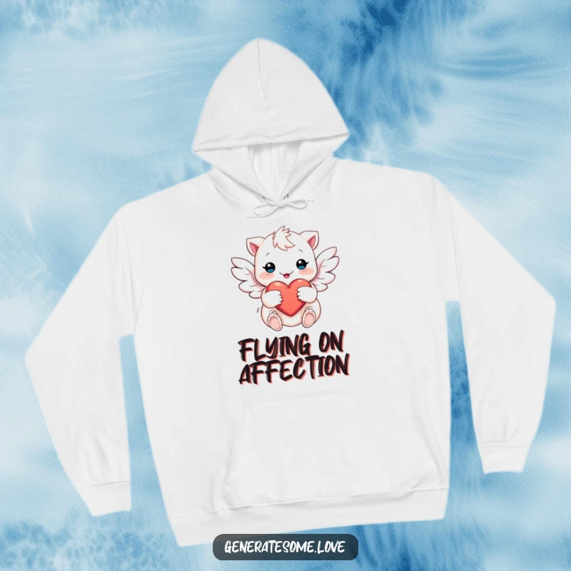 Funny Hoodie showcasing a mystical creature with soft wings in a gentle flutter around a heart, embodying warmth and affection.