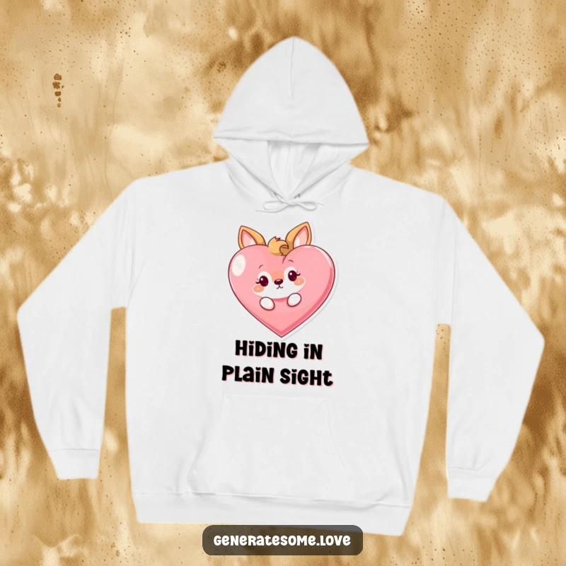 Funny hoodie featuring a curious animal character playfully peeking from behind a large heart, combining cozy comfort with endearing curiosity.