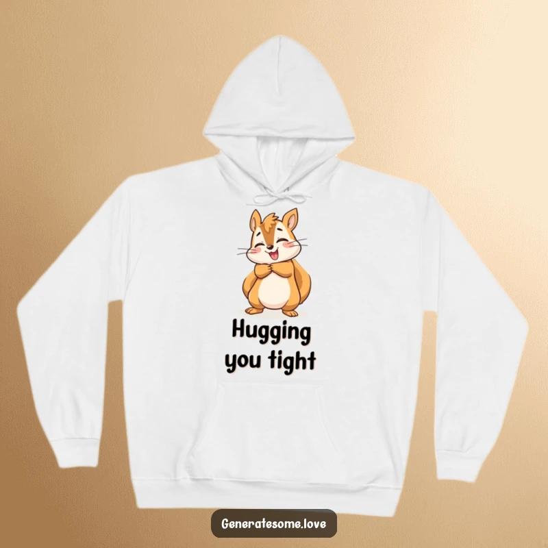 Funny energetic squirrel character giving a warm, joyful hug on a soft and cozy hoodie.