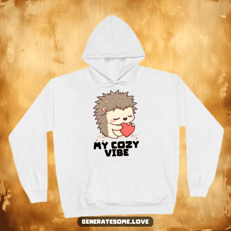 Funny sleepy hedgehog character gently rolling a heart on a hoodie, symbolizing soft affection and warmth.