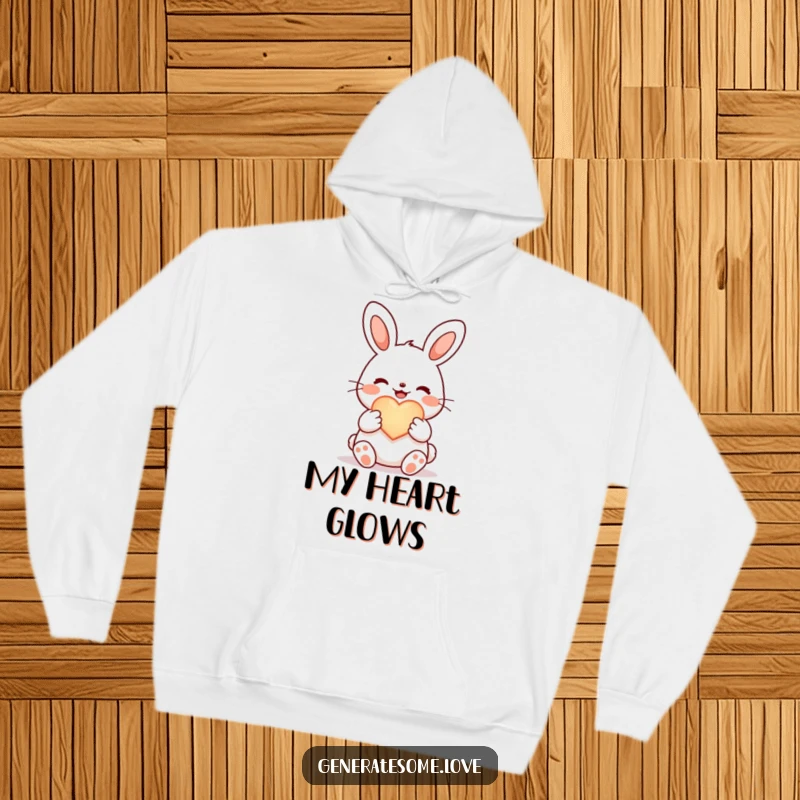 Funny joyful bunny hoodie, holding a glowing heart symbol, warm and cozy affection apparel.