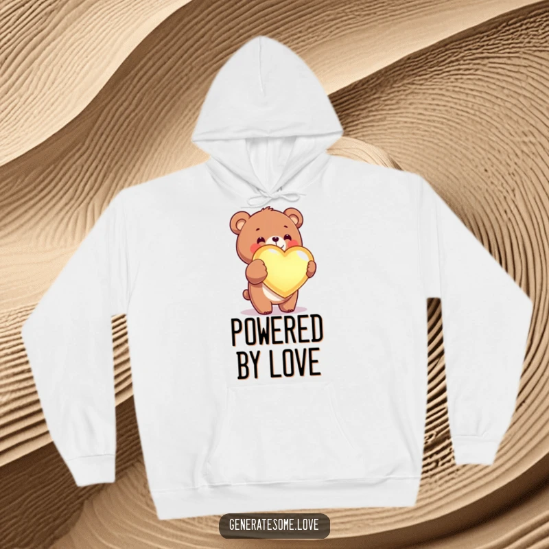 Funny kawaii bear hoodie featuring a cheerful bear offering a glowing heart, perfect for cozy affection.