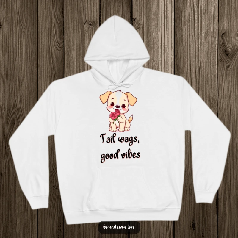 Funny puppy hoodie with a wagging tail, holding a rose, perfect for cozy, loving moments, excellent gift idea.