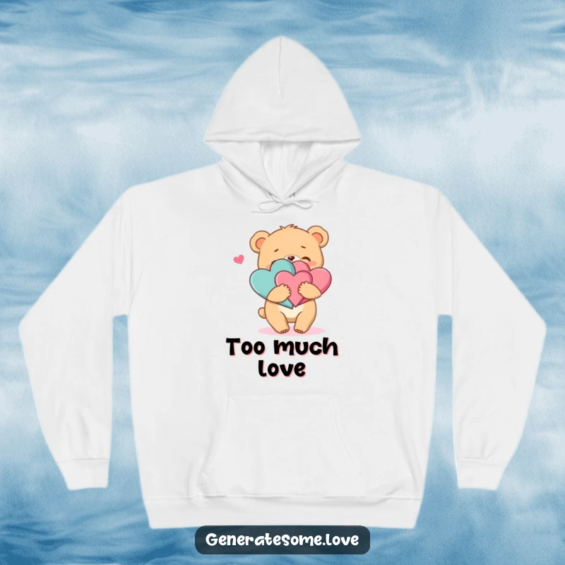 Funny hoodie showcasing a cheerful bear cub character enthusiastically hugging two interconnected hearts, radiating warmth and affection.