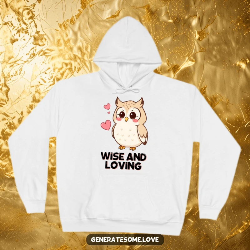 Funny, cozy hoodie with a curious owl character hooting softly, a heart hovering nearby, perfect for quiet contemplation.