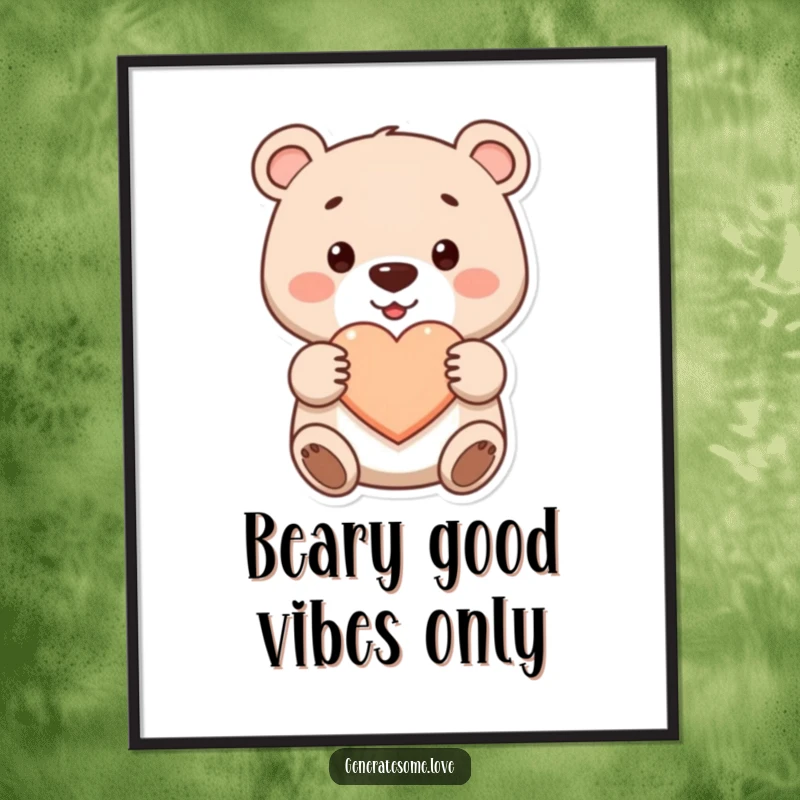 Funny Free Printable Wall Art: A heartwarming illustration of a bear embracing a big red heart with a sweet smile.