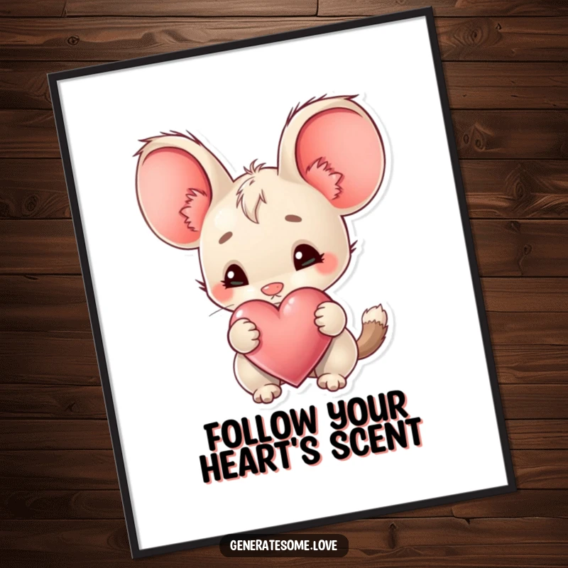 Free Printable Wall Art: Creature with comically large ears curiously sniffs a heart, creating a whimsical and intriguing visual.