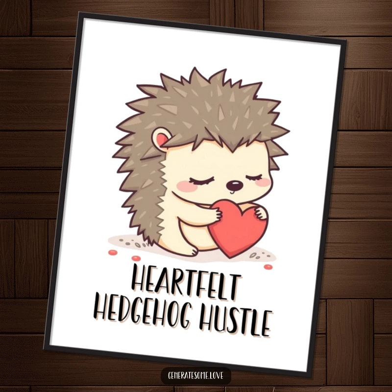 Funny Free Printable Wall Art: Sleepy hedgehog character lovingly rolling a heart, creating a peaceful and charming downloadable art piece.