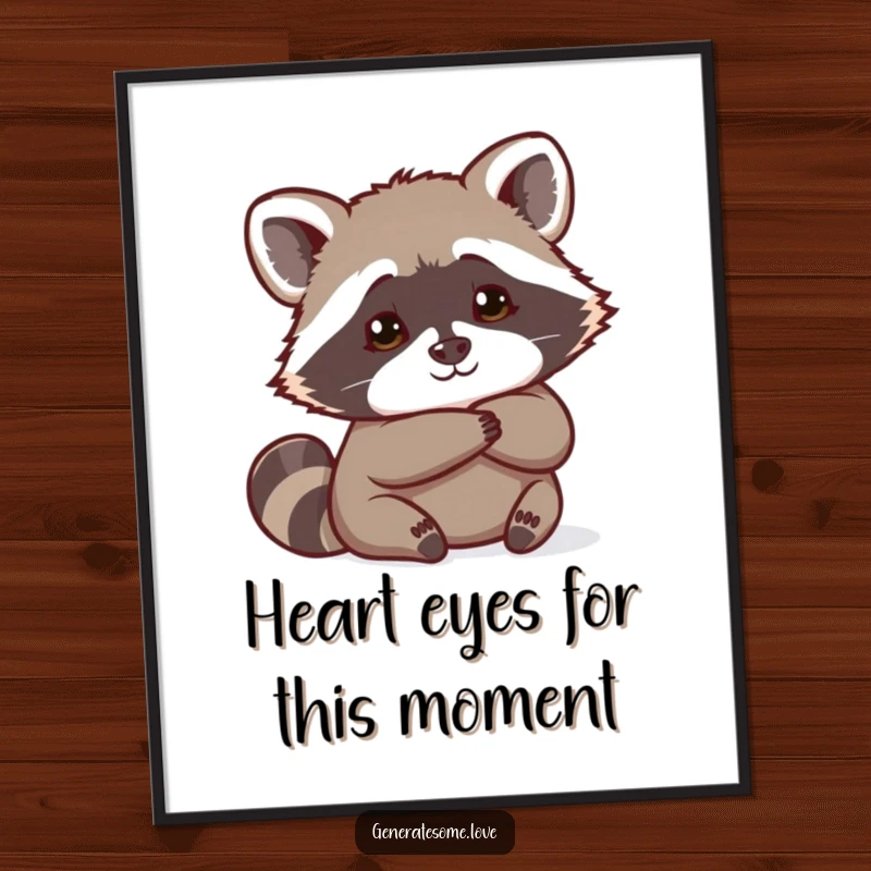 Funny Free Printable Wall Art: Playful raccoon peeking from behind a large heart, adding a mischievous and humorous touch to any space.