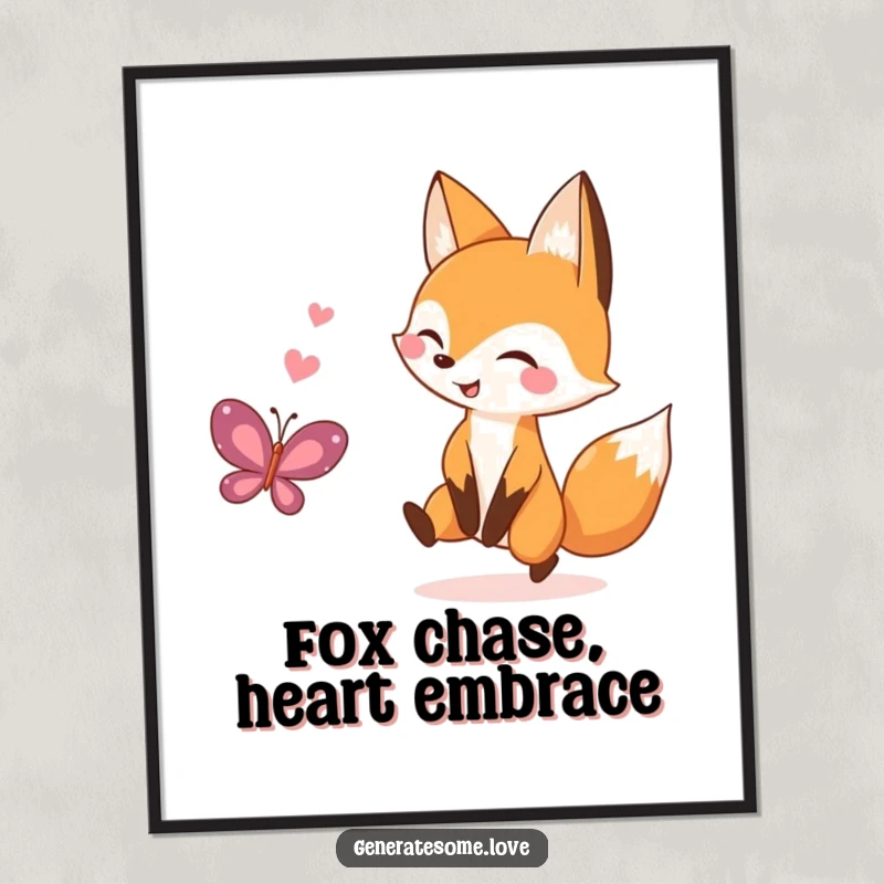 Funny Free Printable Wall Art: A cheerful kawaii fox playfully chasing a delicate heart-shaped butterfly, perfect for whimsical decor.