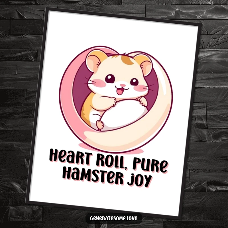 Funny Free Printable Wall Art: A kawaii hamster hilariously rolling inside a big heart-shaped ball, full of energy and fun.