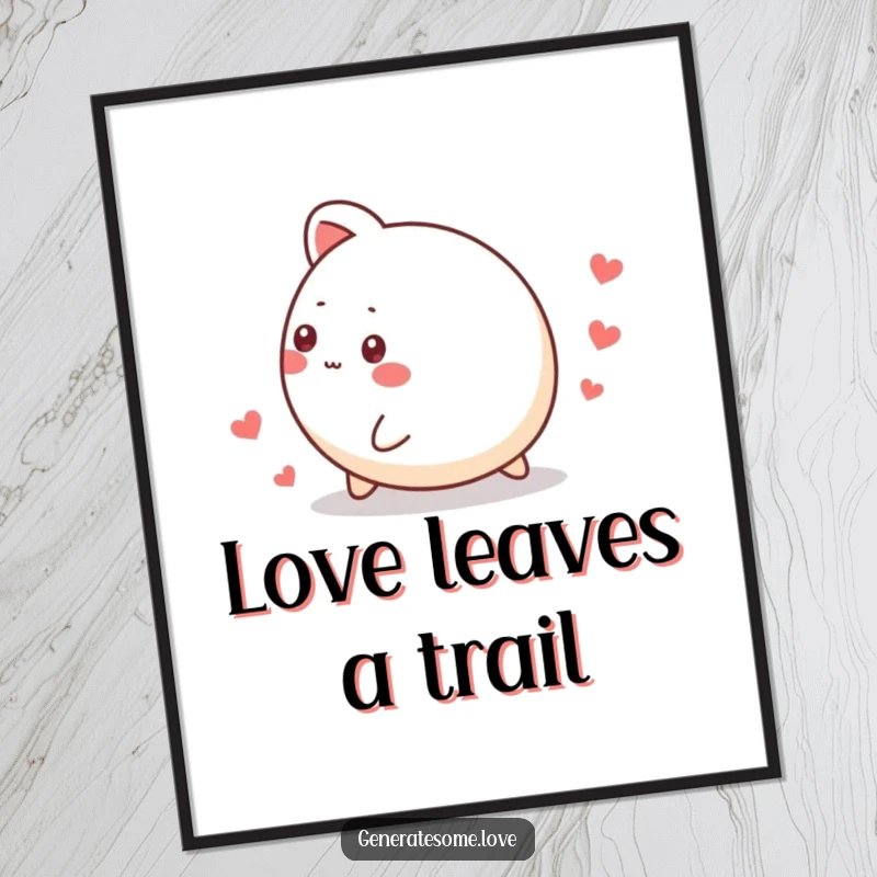 Funny Free Printable Wall Art of a round, cute animal rolling and leaving a delightful trail of tiny hearts.