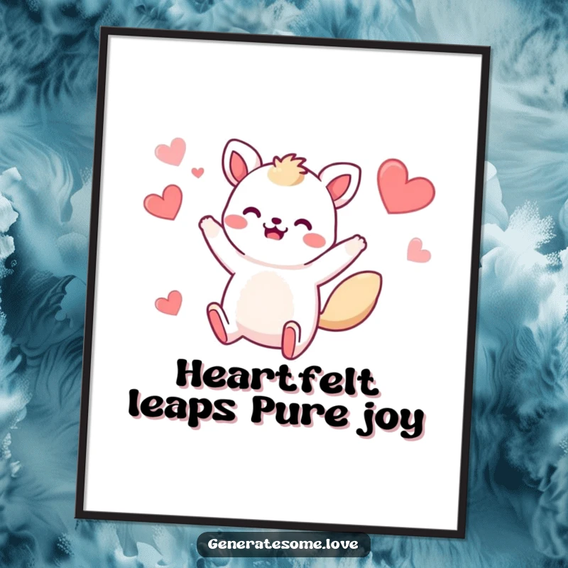 Funny Free Printable Wall Art: Whimsical animal mid-jump, surrounded by hearts, bringing vibrant energy.