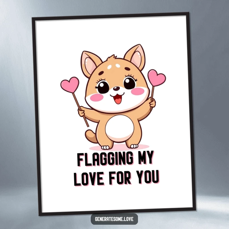 Funny Free Printable Wall Art featuring a beaming animal character waving a tiny pink heart flag, bringing happy vibes to any room.