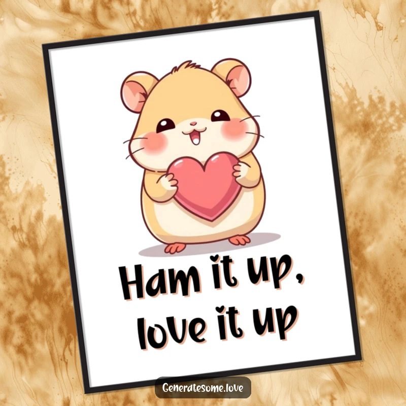 Funny Free Printable Wall Art: A giggling hamster character holds a heart with tiny paws, adding cuteness to decor.