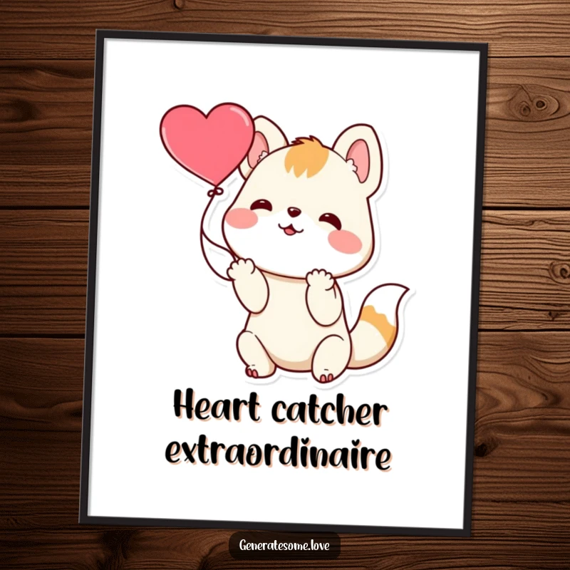 Funny Free Printable Wall Art: A playful animal character is captured in the act of catching a floating heart with its paws.