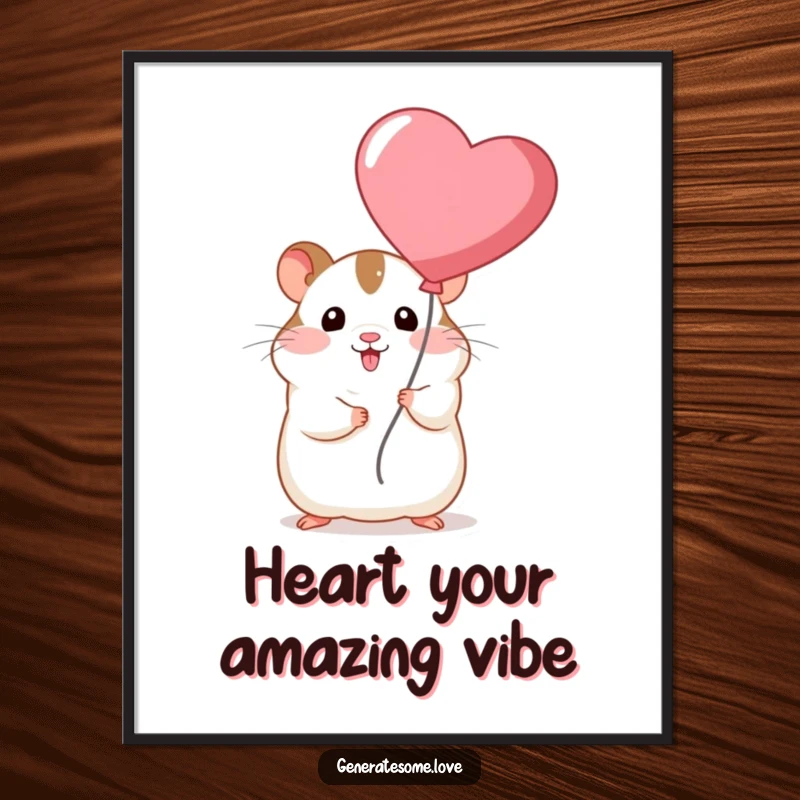 Funny Free Printable Wall Art: Chubby hamster floats happily, holding a large heart balloon, bringing joy and humor to any room.