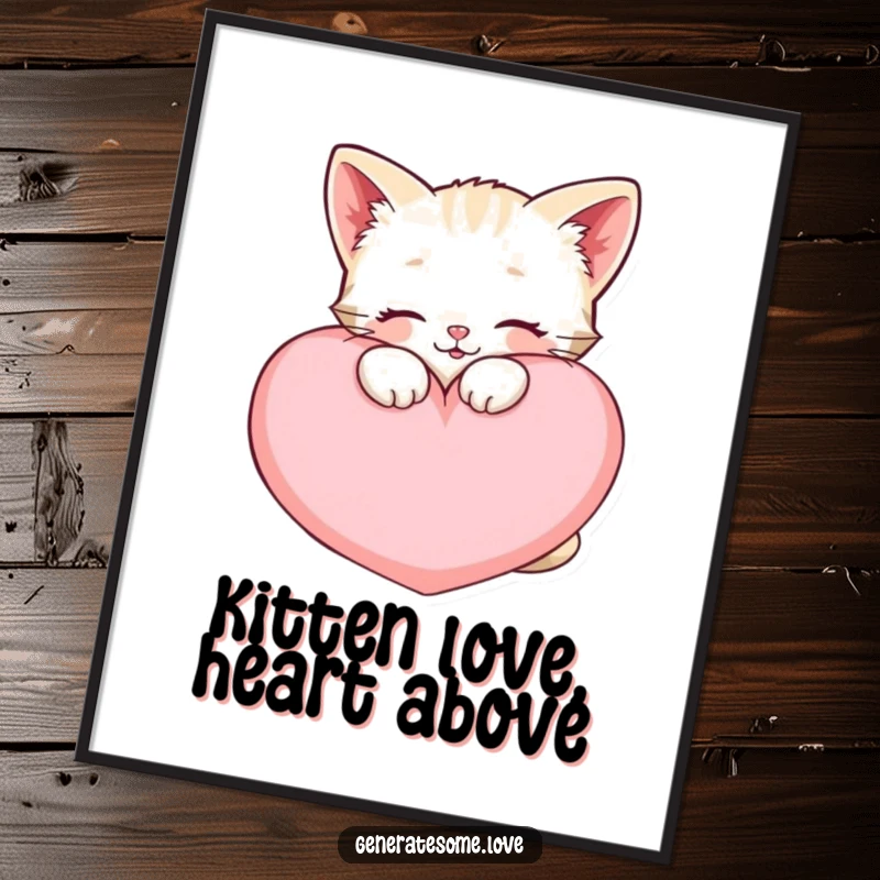 Funny Free Printable Wall Art: A happy kawaii kitten snuggling a large, soft heart cushion, perfect for cozy and cute decor.