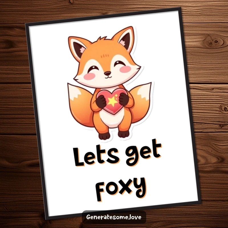 Funny Free Printable Wall Art: An illustration of a happy fox delightedly gifting a bright, sparkly heart.