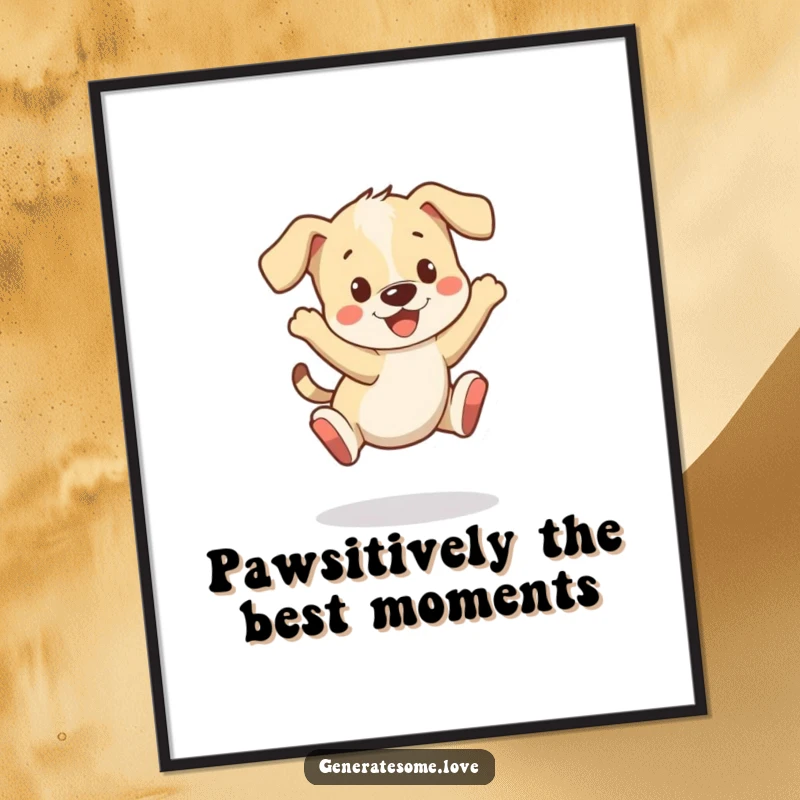 Funny Free Printable Wall Art: A happy, playful puppy captured mid-bounce, tail wagging with infectious excitement.
