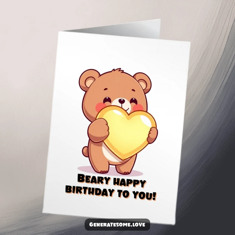 Funny Free Printable Birthday Card: Kawaii bear joyfully presents a giant glowing heart, full of birthday love.