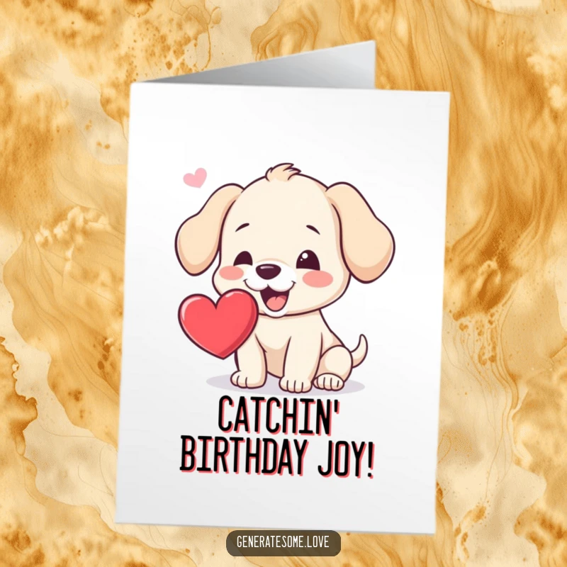Funny Free Printable Birthday Card featuring a happy puppy trying to catch a floating heart with its mouth playfully.
