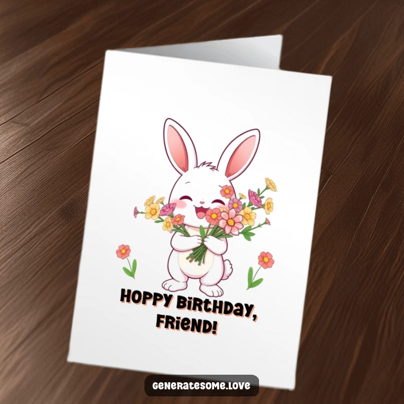 Funny Free Printable Birthday Card: A delightful bunny holding a colorful bouquet of flowers, celebrating a birthday.