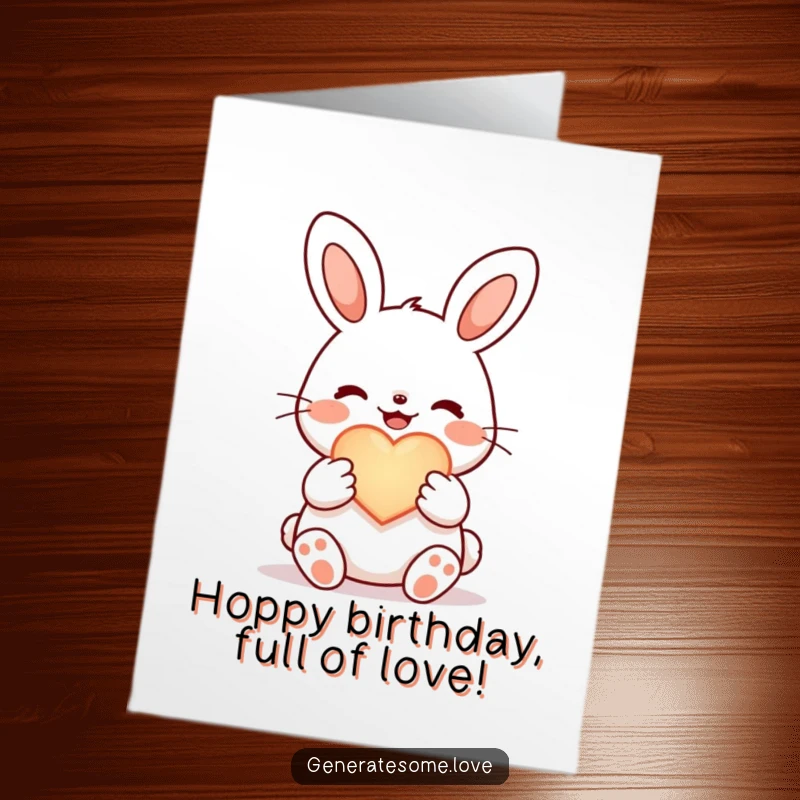 Funny Free Printable Birthday Card: A small, joyful kawaii bunny character tenderly holding a bright, glowing heart symbol.