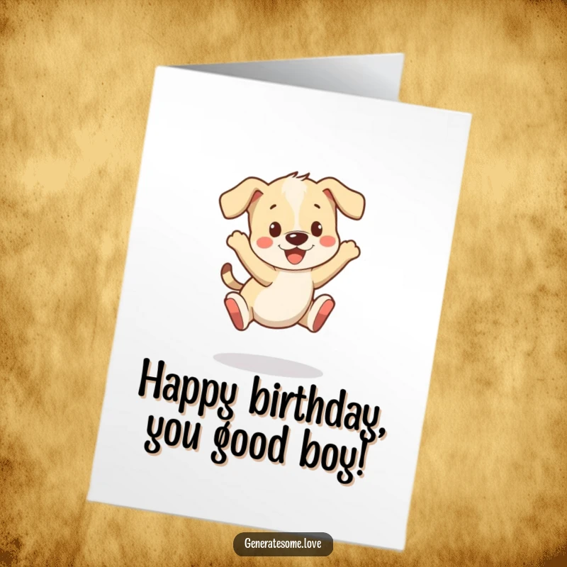 Funny Free Printable Birthday Card: A playful puppy bouncing happily with its tail wagging enthusiastically.